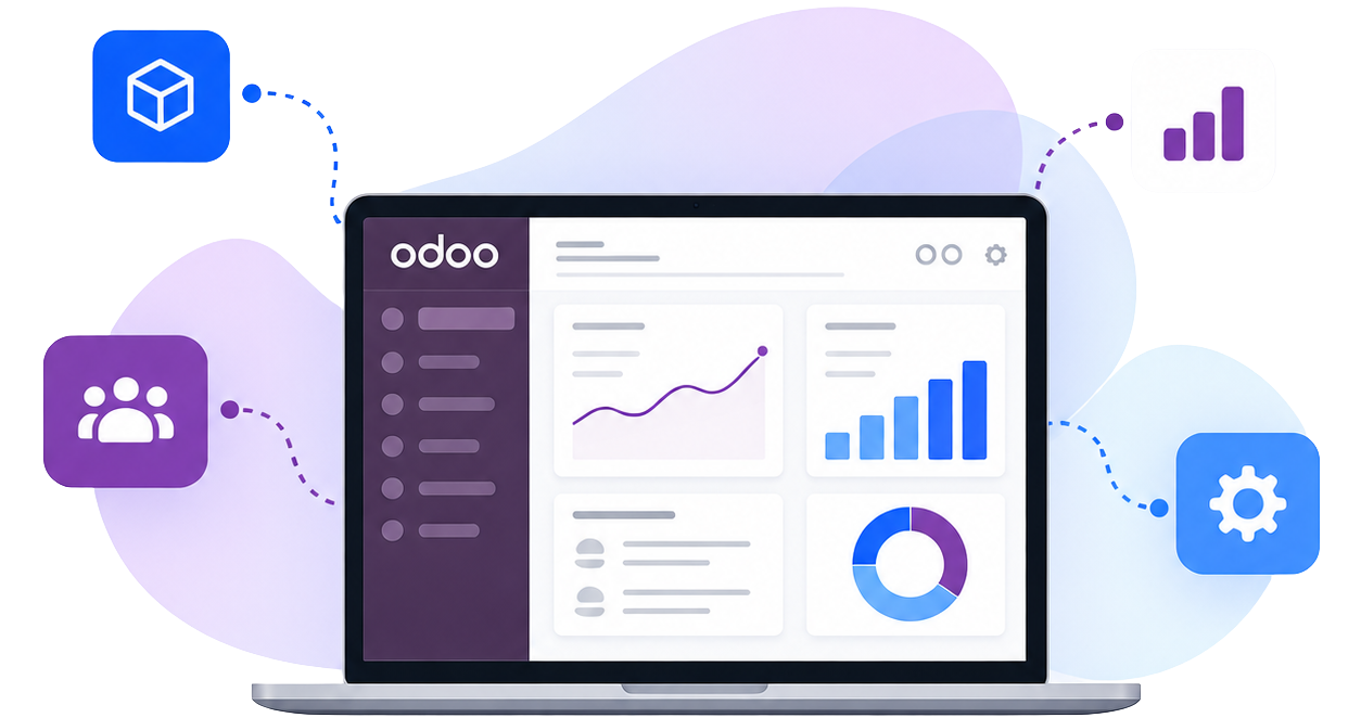 Odoo 20 pe laptop: tablou de bord cu vânzări și stocuri